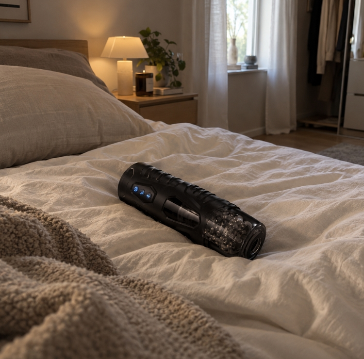 HoneyWink Male Stroker resting on a made bed with its blue control panel lit