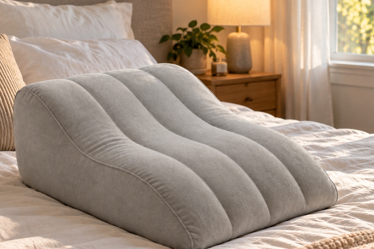 HoneyWink Sex Pillow on a white-sheeted bed in a warmly lit bedroom