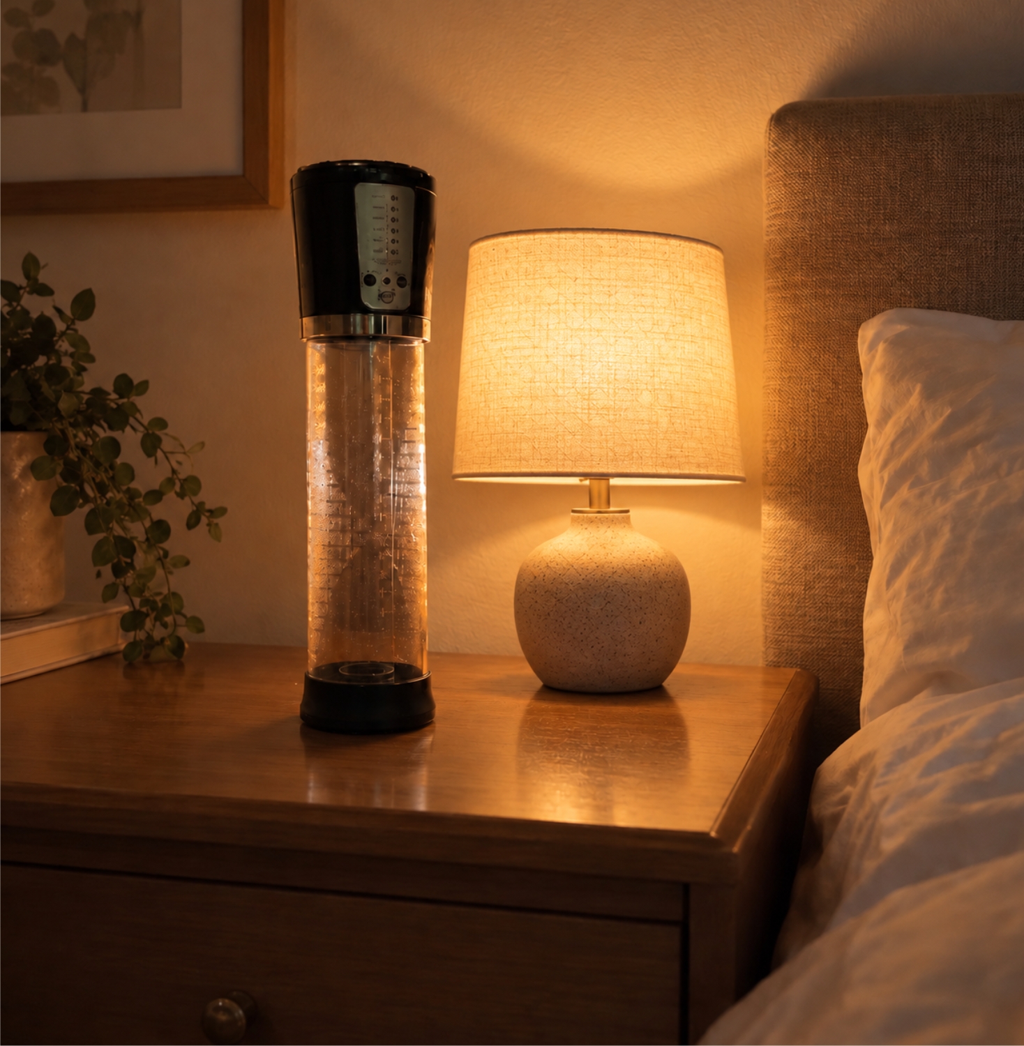 HoneyWink Pump on a wooden nightstand beside a lit lamp
